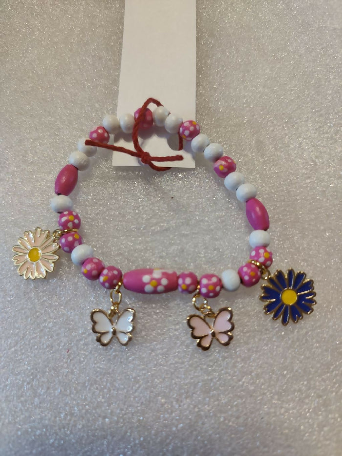 B #191 Pink, White Wooden Beads Stretch w/ Spring Enamel Charms