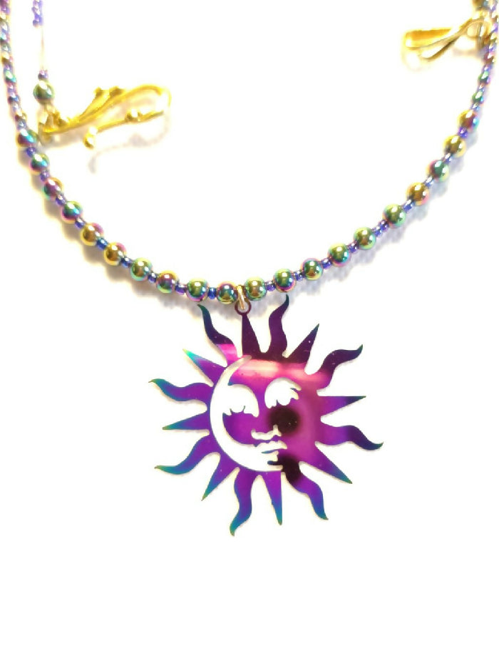 N #302 Electroplate Sun w/ Iridescent Purple & Hemalyke Beads 20 inch