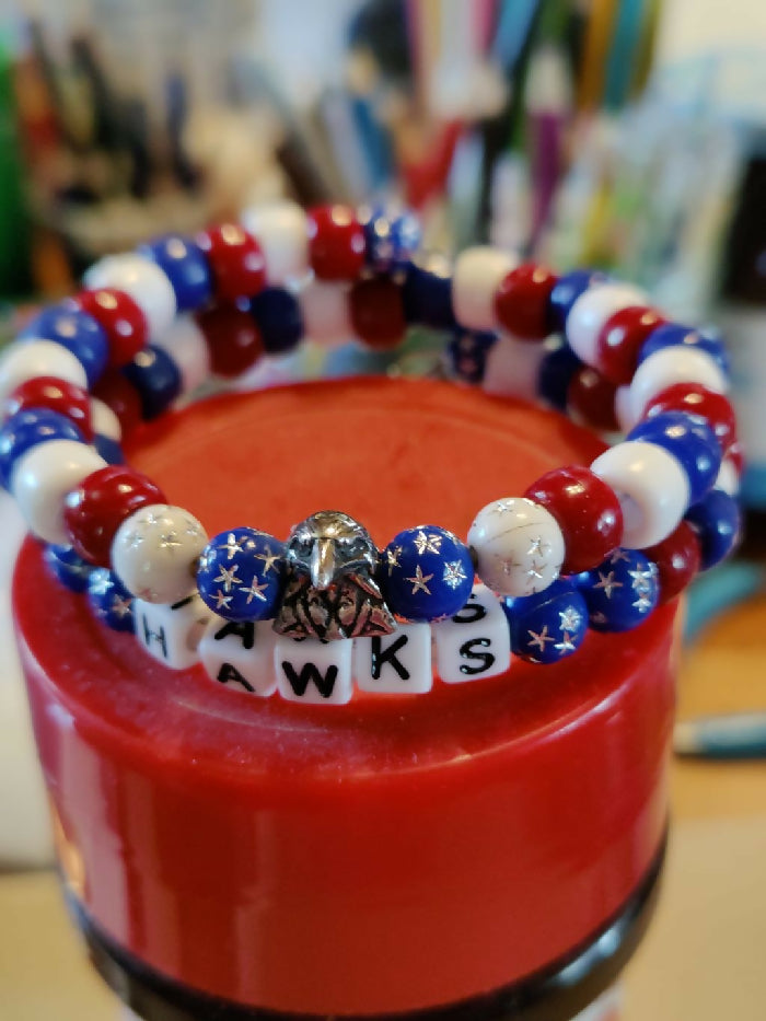 GHB #314 Memory Wire /HAWK HEAD/Pony Beads Maroon, Blue, White/ HAWKS Blocks/ Stars on Blue Round beads