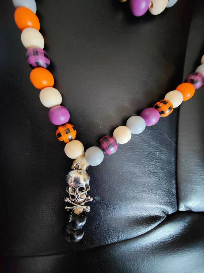 HN #1 Wooden Halloween Beads w/ Skull X Bone Silver tone