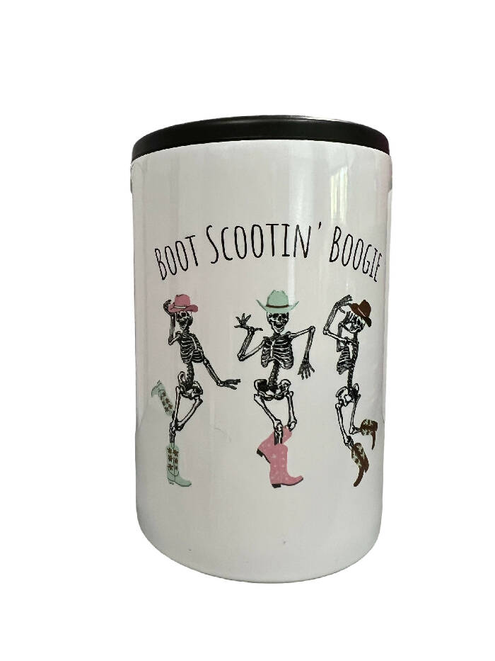 Boot scootin boogie dancing skeletons 12 oz slim can koozie