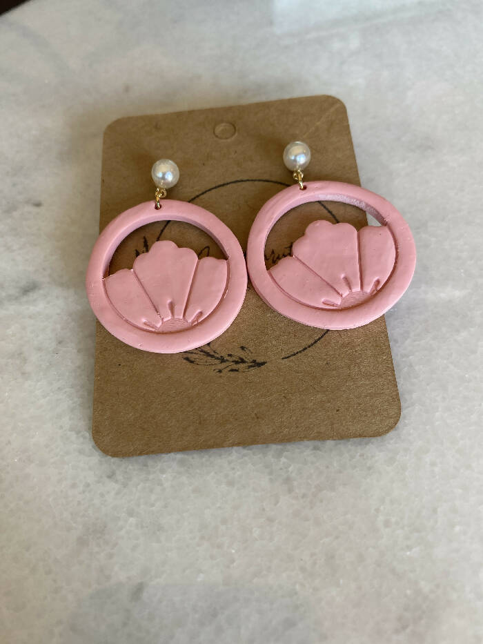 Peach flower hoop dangles