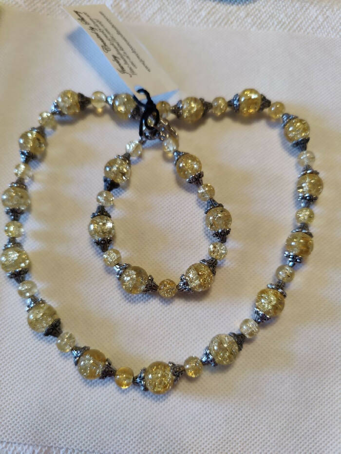 NB #378 Crackle 19 inch - 8 inch, Both have 6mm -12mm Yellow Crackle Beads w/ Antique Silver End Caps.