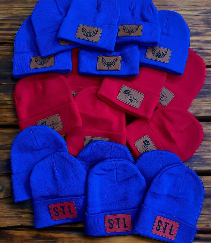 Beanies with Leather Patches (assorted designs)